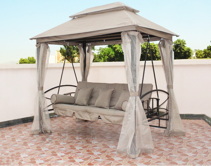 Hot selling patio garden 233cm height polyester fabric outdoor swing gazebo with 2 square pillows and 2 cylindrical pillows