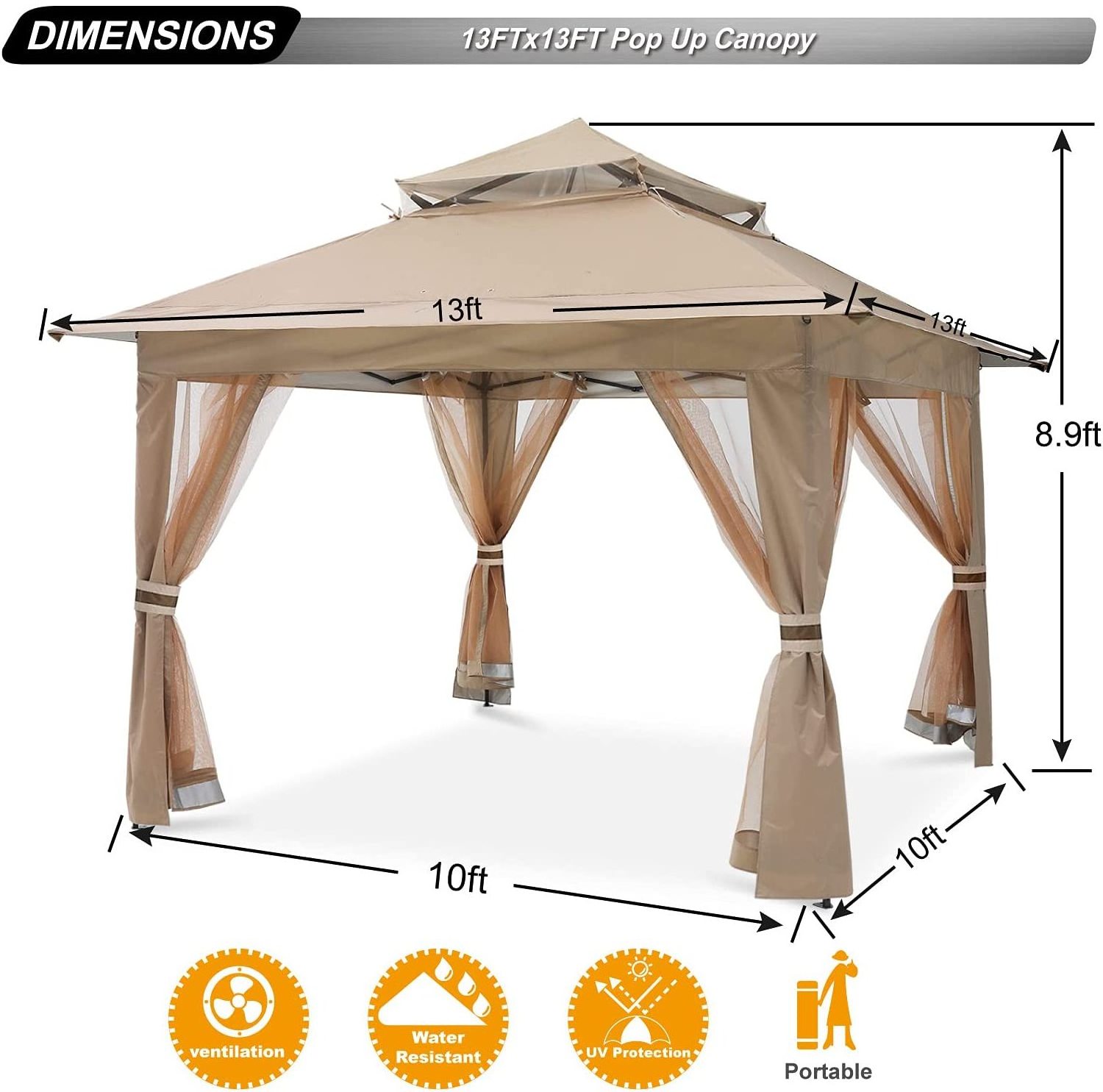 Backyard Patio Gazebo Canopy Shelter Removable Zipper Mosquito Netting Folding Pop up Gazebo Tent Outdoor Gazebo