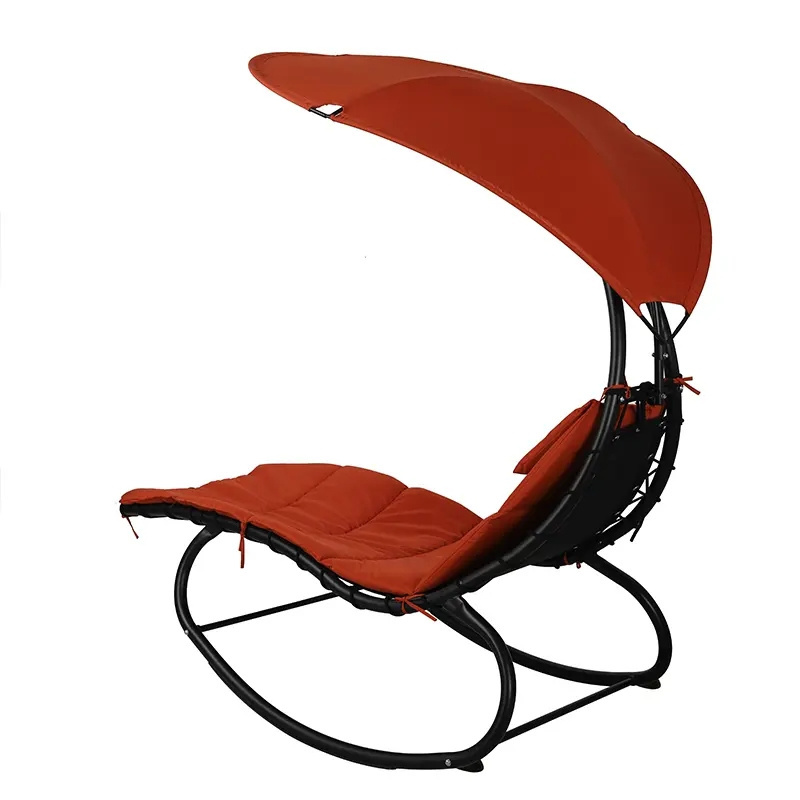 Hot sale Outdoor Curved Steel Rocking Hanging Swing Chair with Cushion Seat and Canopy Sun Shade