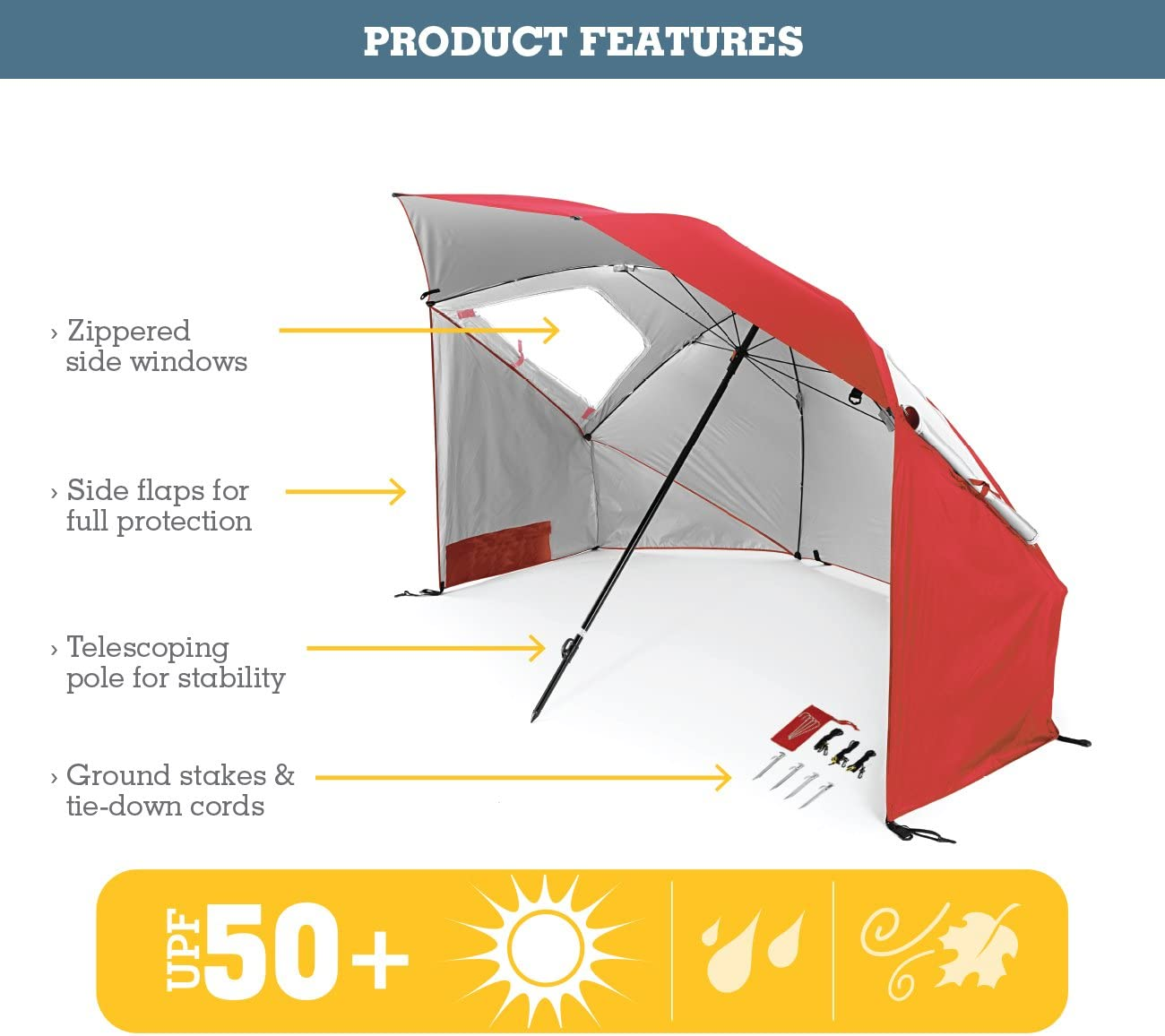 SPF 50+ Sun and Rain Canopy Umbrella for Camping, Beach and Sports Events