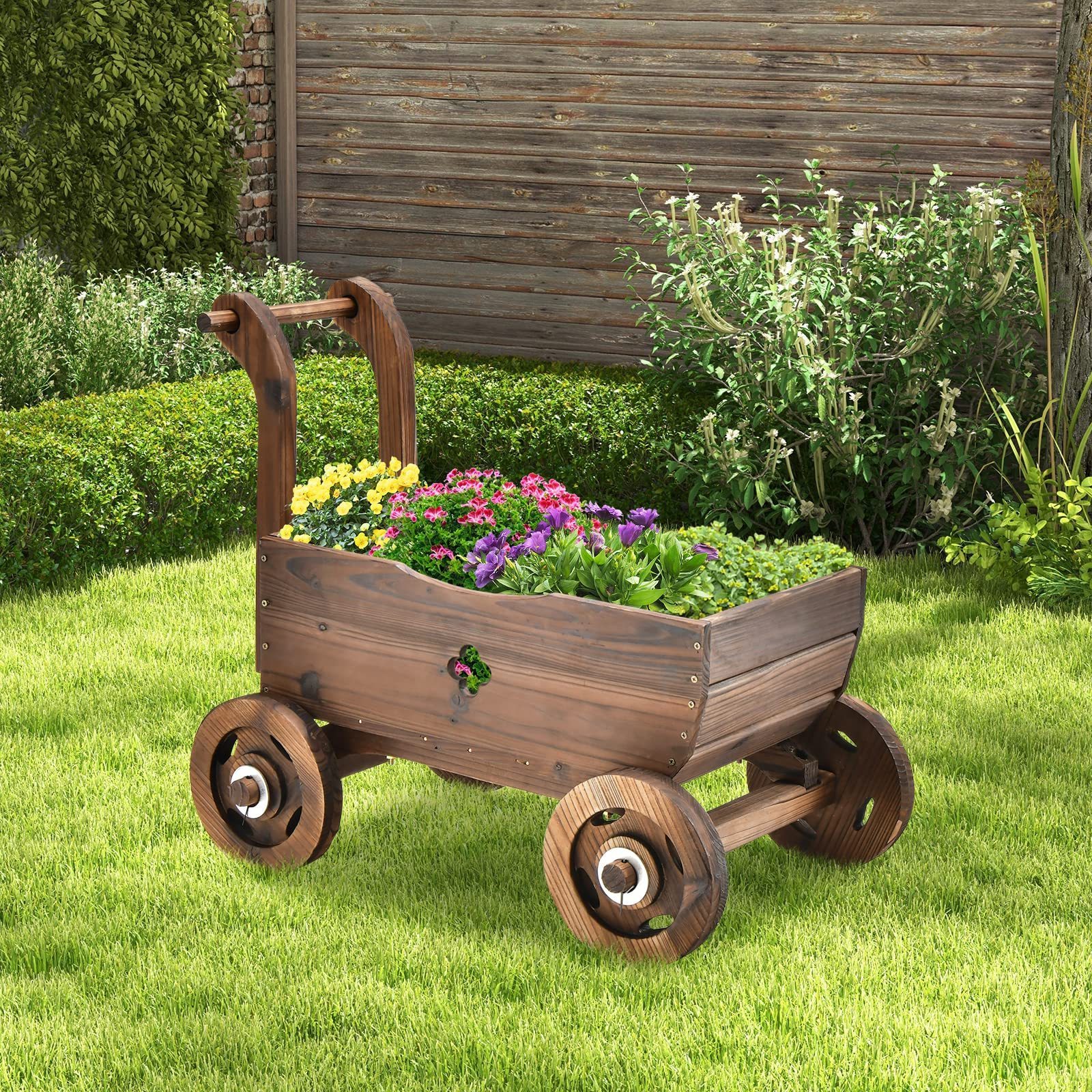 Flower Planter Cart, 4-Wheels Wood Garden Wagon Movable Flowerpot Holder Stand Trolley Indoor Outdoor Raised Plant Bed