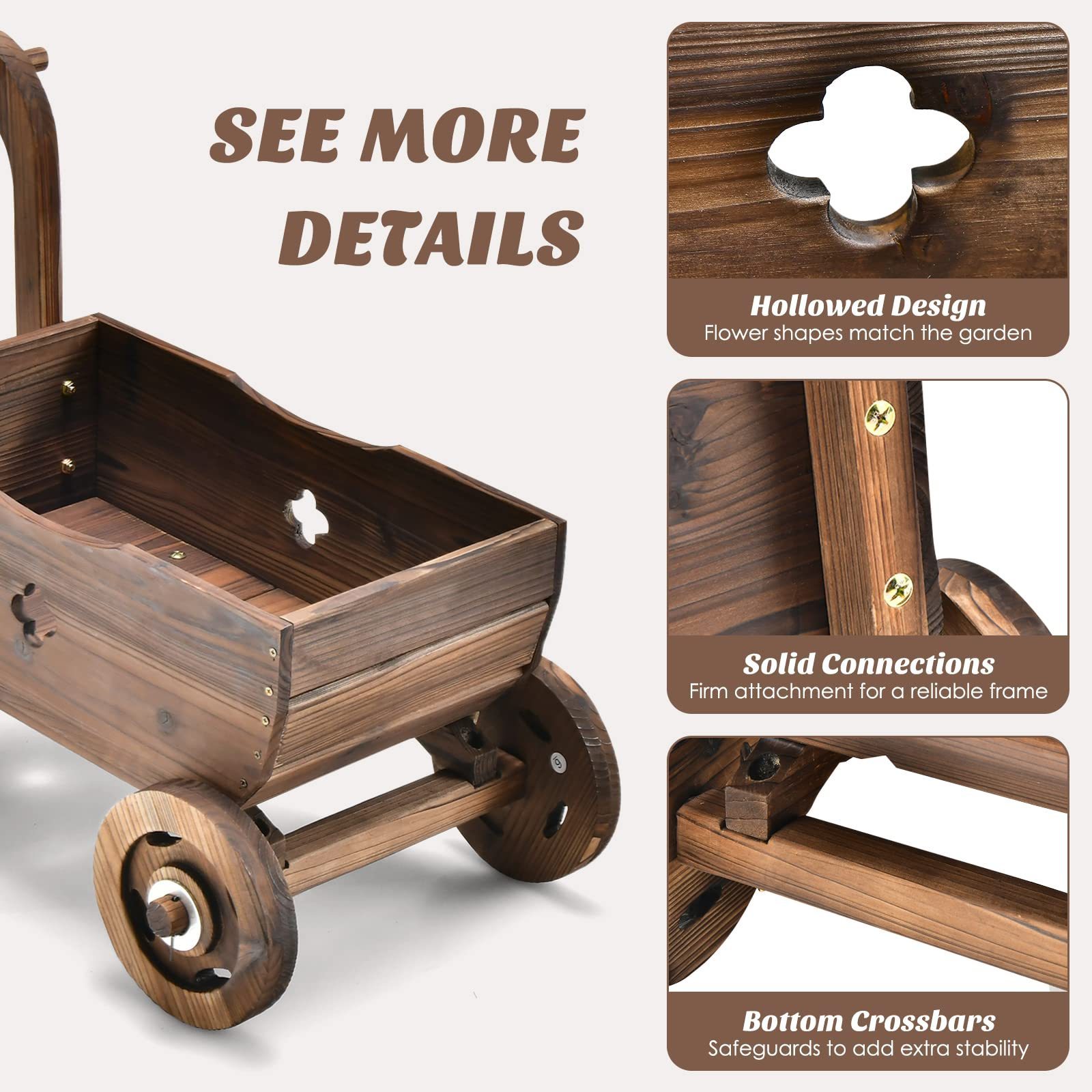 Flower Planter Cart, 4-Wheels Wood Garden Wagon Movable Flowerpot Holder Stand Trolley Indoor Outdoor Raised Plant Bed