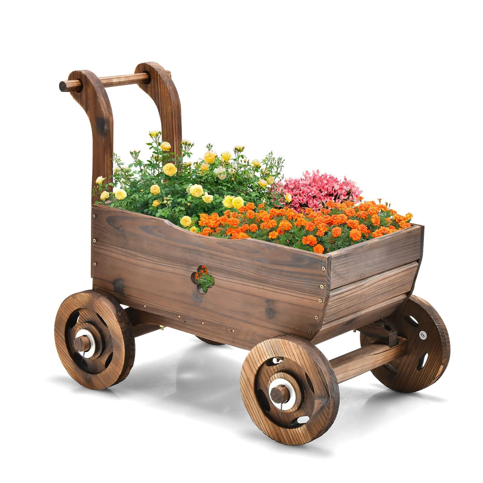 Flower Planter Cart, 4-Wheels Wood Garden Wagon Movable Flowerpot Holder Stand Trolley Indoor Outdoor Raised Plant Bed