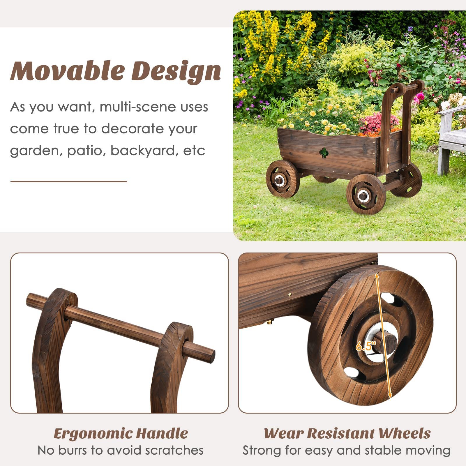 Flower Planter Cart, 4-Wheels Wood Garden Wagon Movable Flowerpot Holder Stand Trolley Indoor Outdoor Raised Plant Bed