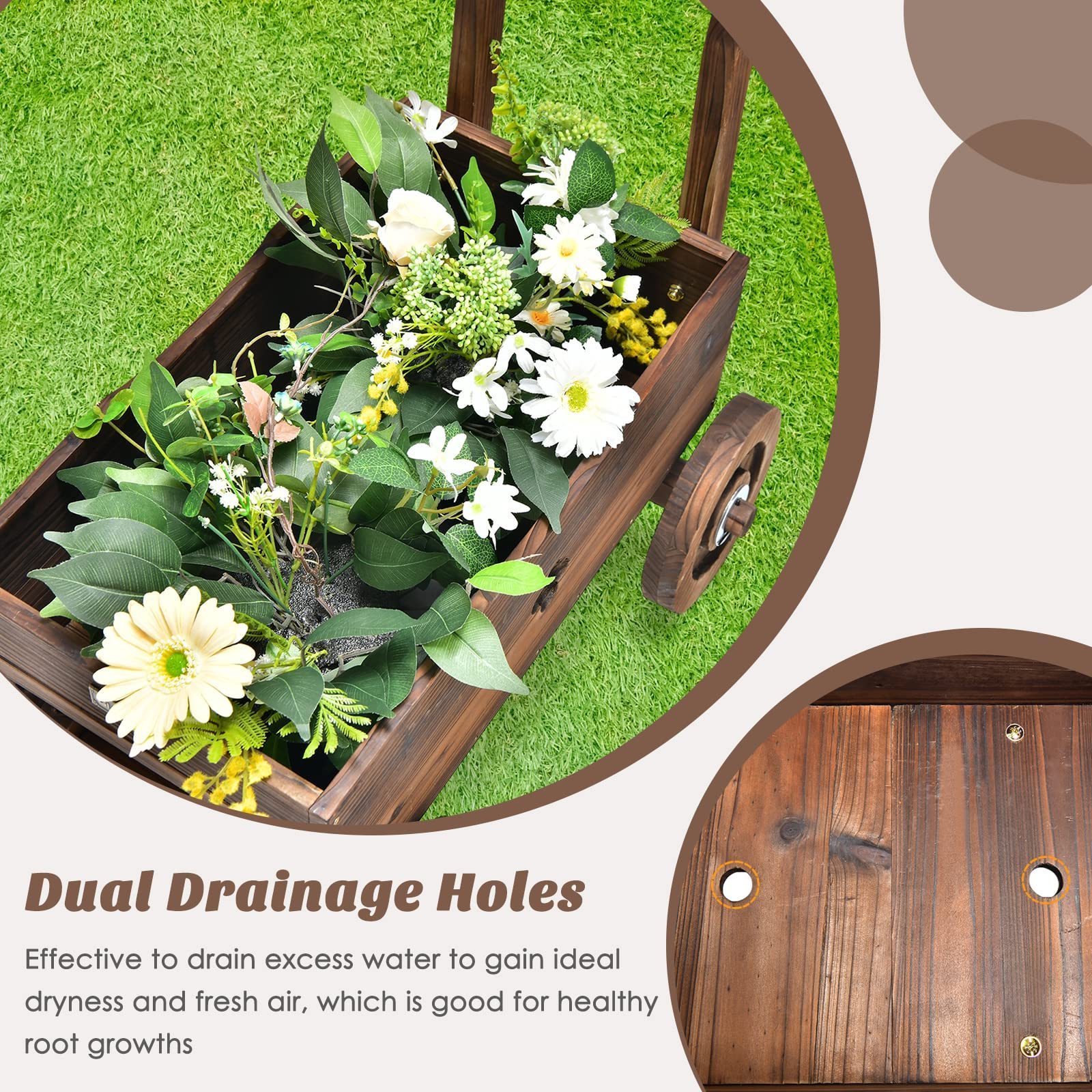 Flower Planter Cart, 4-Wheels Wood Garden Wagon Movable Flowerpot Holder Stand Trolley Indoor Outdoor Raised Plant Bed