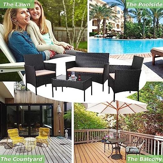 Patio Outdoor 4 Pieces Indoor Use Conversation Sets Rattan Wicker Chair with Table  Garden Poolside Balcony Furniture