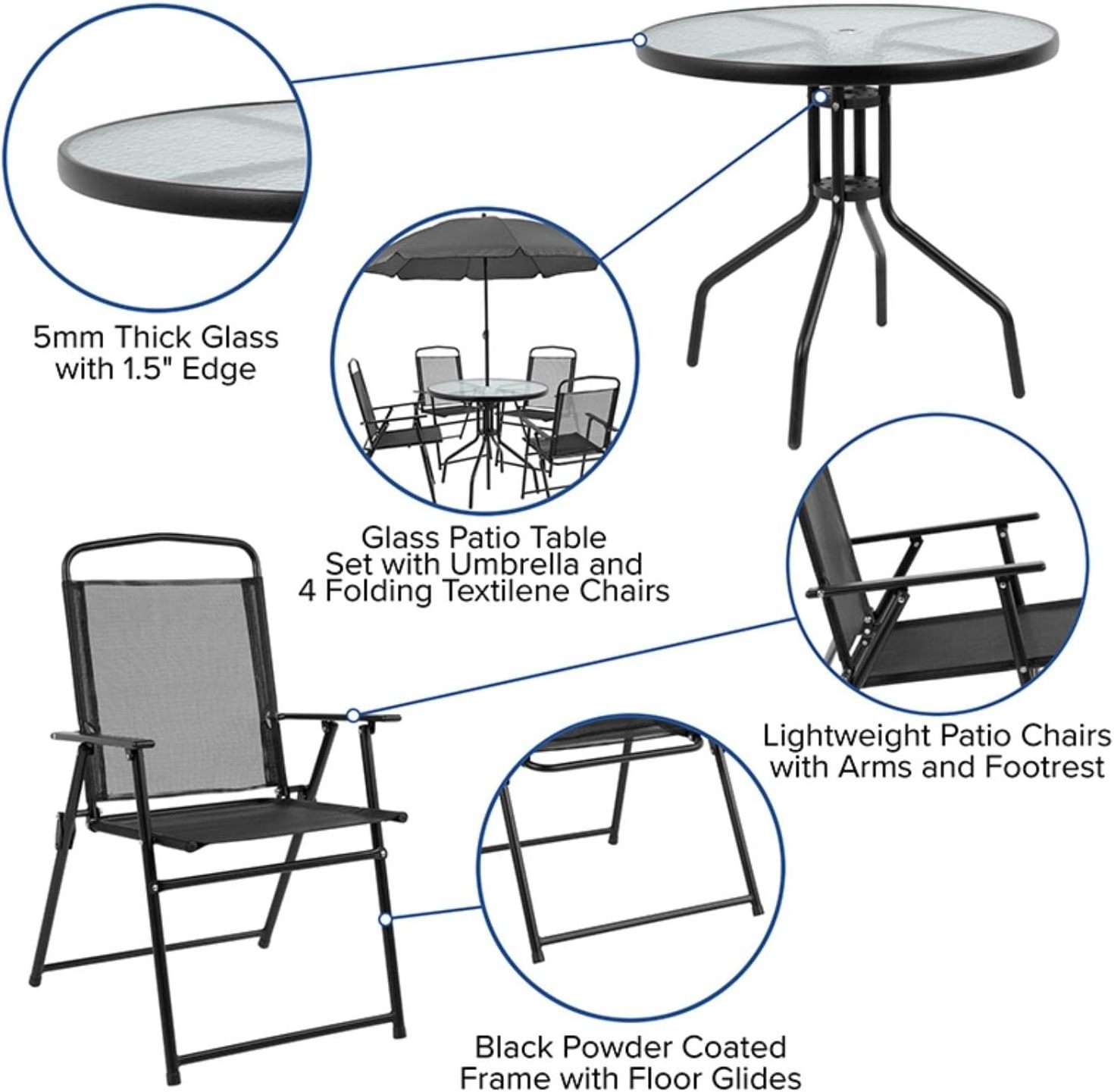 Hot Sale Furniture Nantucket 6 Piece Patio Garden Table Set - Umbrella Table - Set of 4 Black Folding Chairs