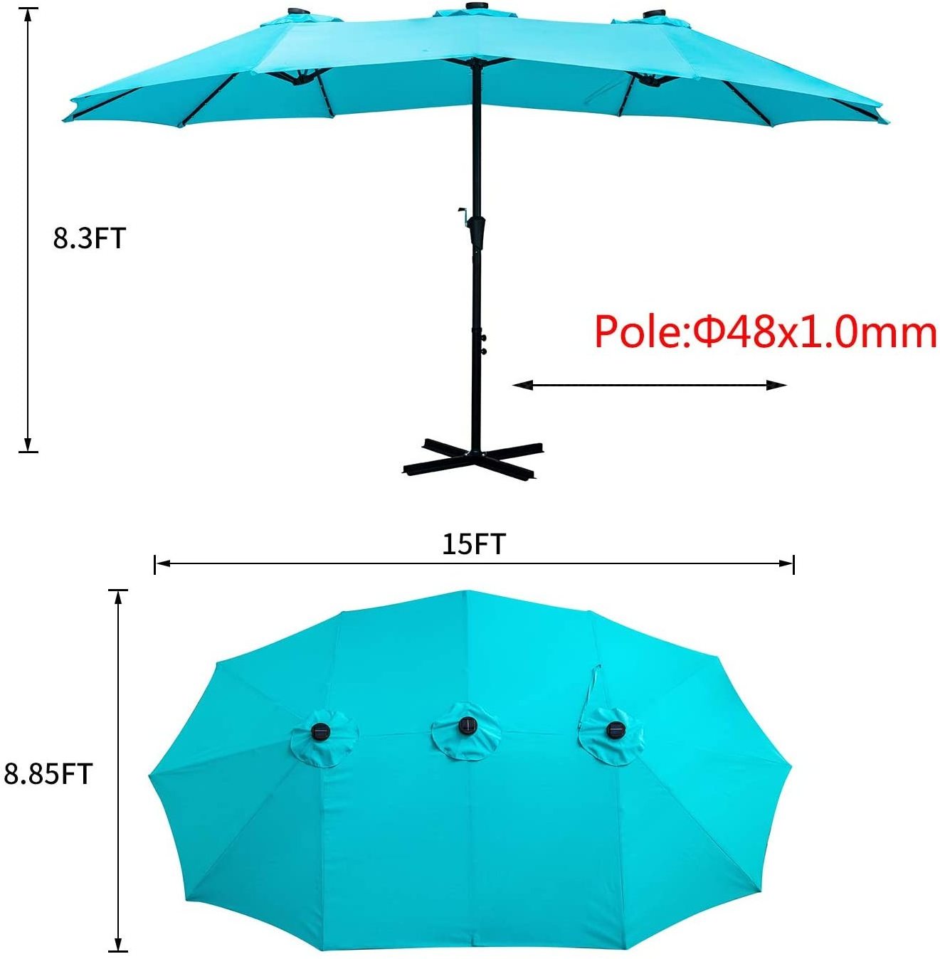 Hot Selling  Polyester 2.7*4.6*2.45m Double Sided Folding Led  Parasols Steel Frame Garden Event Outdoor Double oval umbrella