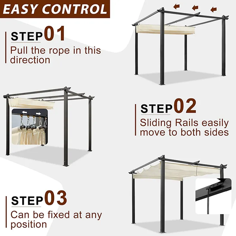 Heavy-Duty Aluminum Patio Pavilion Grill Gazebo Retractable Outdoor Sun Shade Pergola Canopy