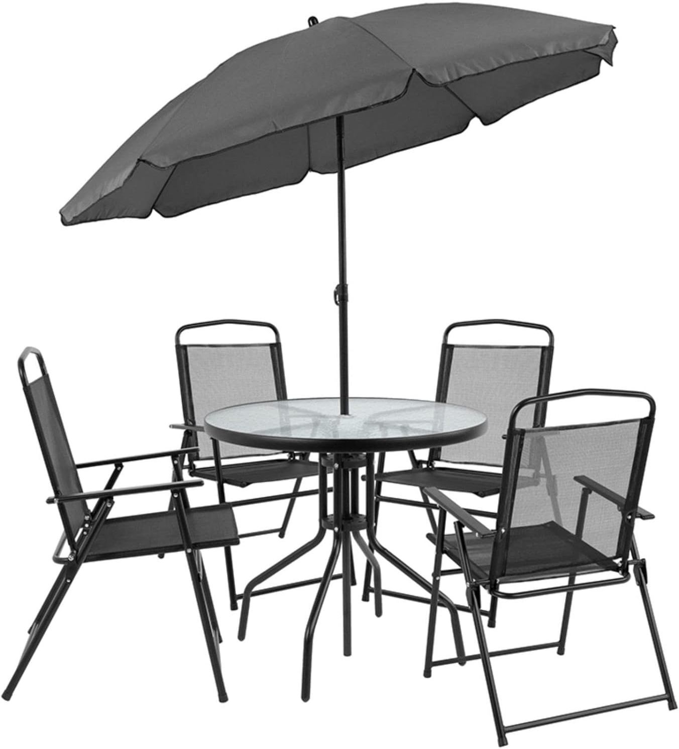 Hot Sale Furniture Nantucket 6 Piece Patio Garden Table Set - Umbrella Table - Set of 4 Black Folding Chairs