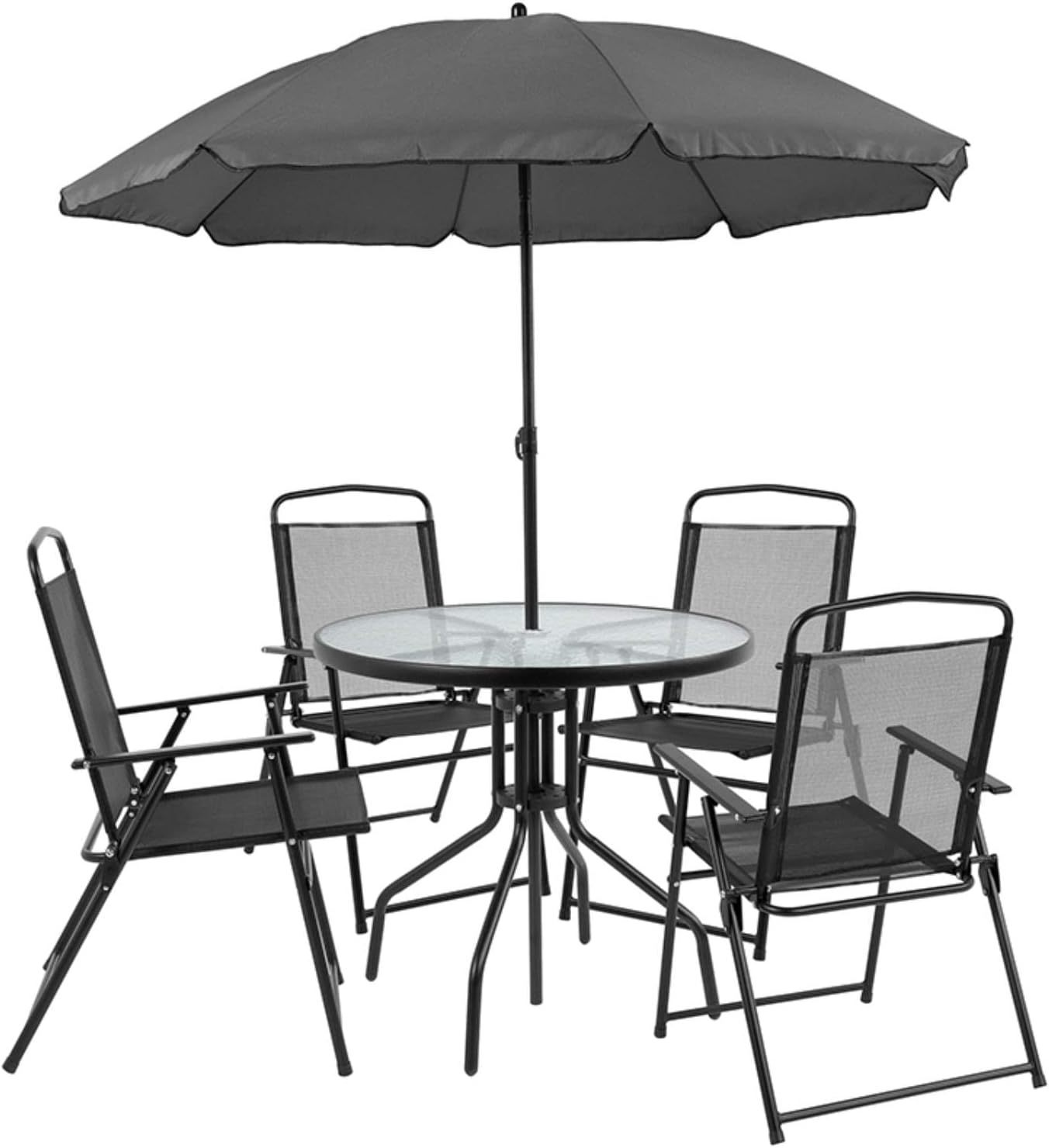 Hot Sale Furniture Nantucket 6 Piece Patio Garden Table Set - Umbrella Table - Set of 4 Black Folding Chairs