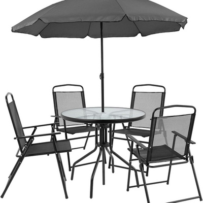 Hot Sale Furniture Nantucket 6 Piece Patio Garden Table Set - Umbrella Table - Set of 4 Black Folding Chairs