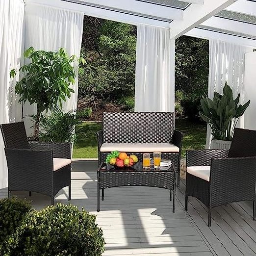 Patio Outdoor 4 Pieces Indoor Use Conversation Sets Rattan Wicker Chair with Table  Garden Poolside Balcony Furniture