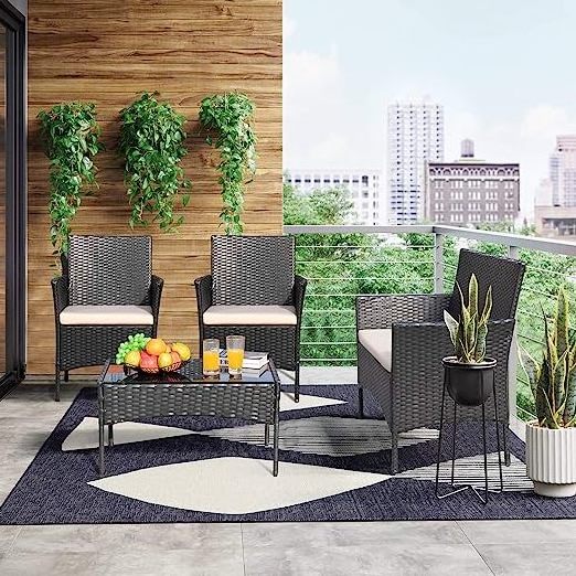 Patio Outdoor 4 Pieces Indoor Use Conversation Sets Rattan Wicker Chair with Table  Garden Poolside Balcony Furniture