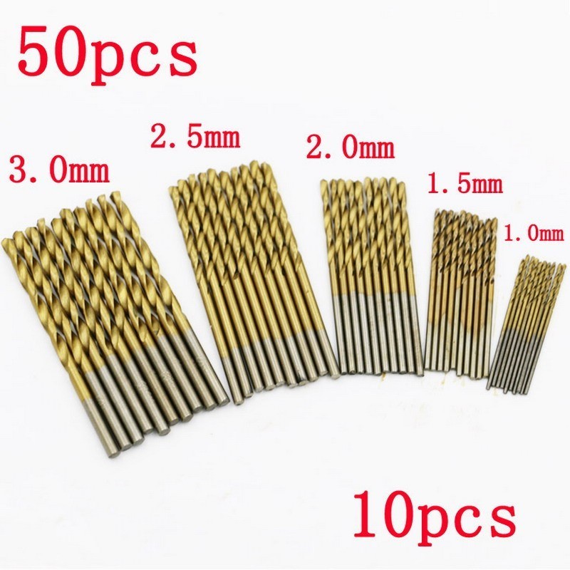 New 50pcs 1/1.5/2/2.5/3mm Titanium Coated HSS High Speed Steel Drill Bit Set Titanium For Twist Drill Bit Set Tools P20