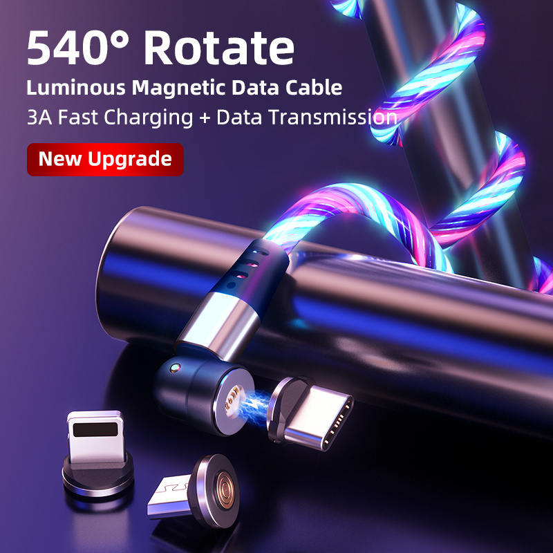 360 540 Degree Rotate Luminous Flowing Light USB Type C Magnetic Data Cable For Mobile Phone Charger