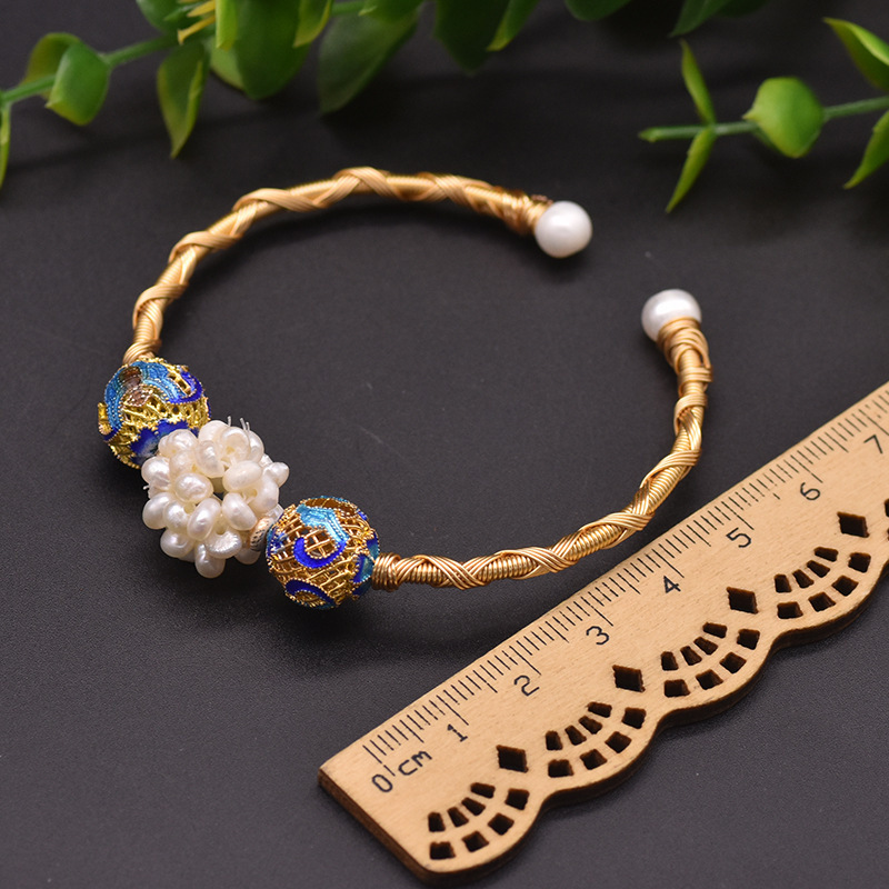 New Product Customized National Tide Vintage Brass Gold Plated Freshwater Pearl Cloisonne Bracelet