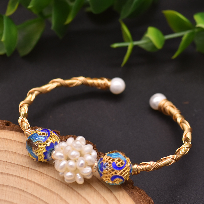 New Product Customized National Tide Vintage Brass Gold Plated Freshwater Pearl Cloisonne Bracelet