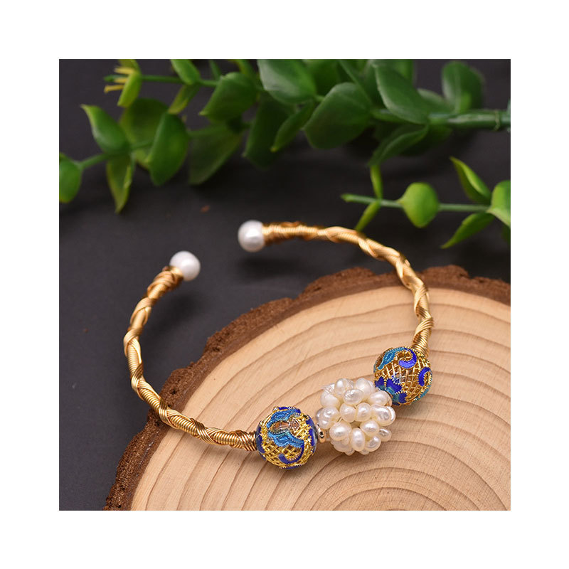 New Product Customized National Tide Vintage Brass Gold Plated Freshwater Pearl Cloisonne Bracelet