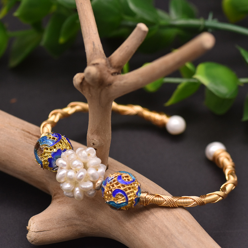 New Product Customized National Tide Vintage Brass Gold Plated Freshwater Pearl Cloisonne Bracelet