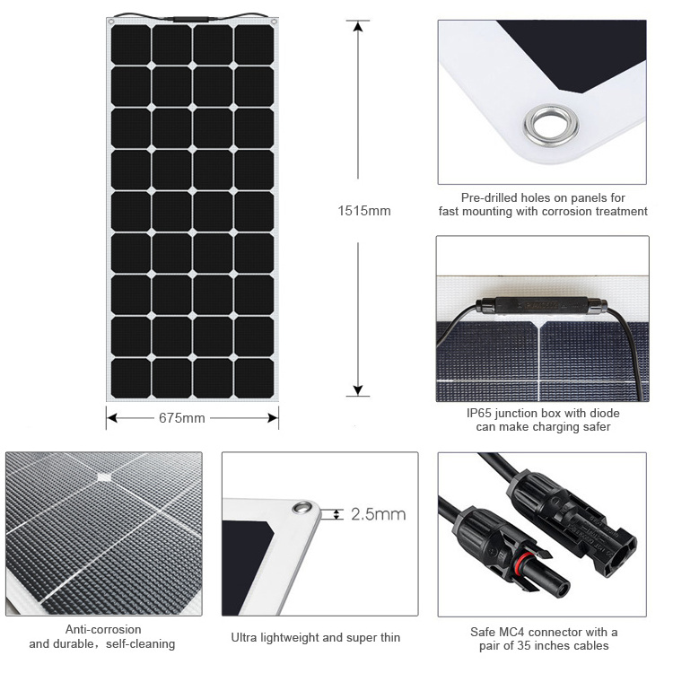 Glory Solar Semi ETFE Custom 200W 18V Monocrystalline Semi Flexible Solar Panels Kits for Roof Car RV  Boating Camping