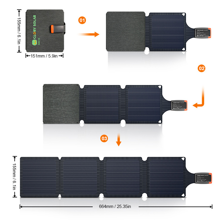 Glory Solar Factory Direct Sale 15W USB foldable solar panel portable mobile phone charger folding solar panel For Camping