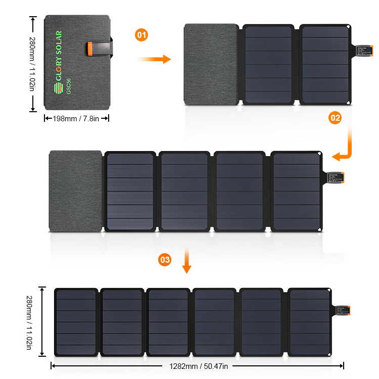 Glory Solar Mono Crystalline 56w Backpack Power Charging Port Portable Light Folding Solar Panels for Phone USB