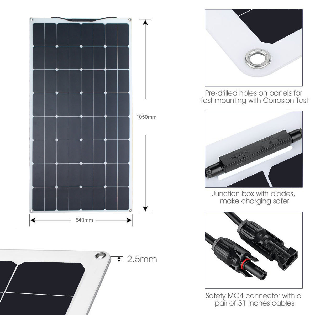 Glory Solar Portable100W Semi Flexible Solar Panel Kit for RV Boats Trailer Cain Tent Car Uneven Surfaces Roofs