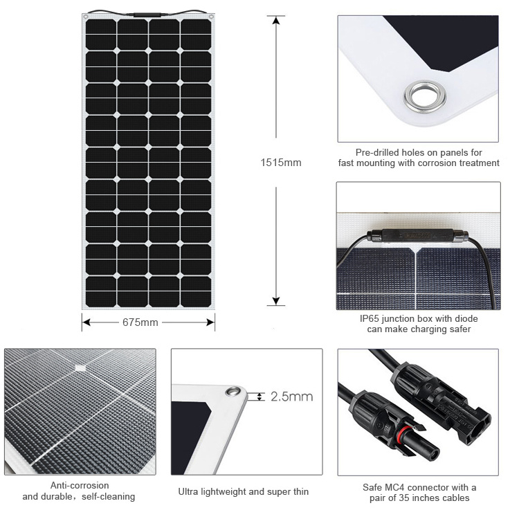 Solar Energy System Set Kit Power Cell Mono Strips Manufacturer Sunpower 100W 200W Etfe Flexible Solar Panel For Boat