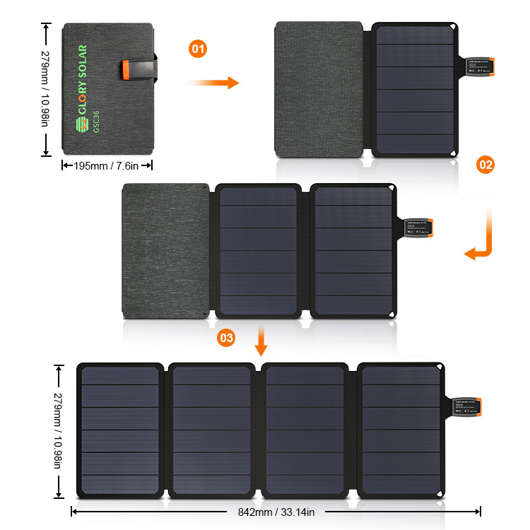 Glory Solar private label 36W 15.84V outdoor small size folding solar panel portable folding solar panel charger