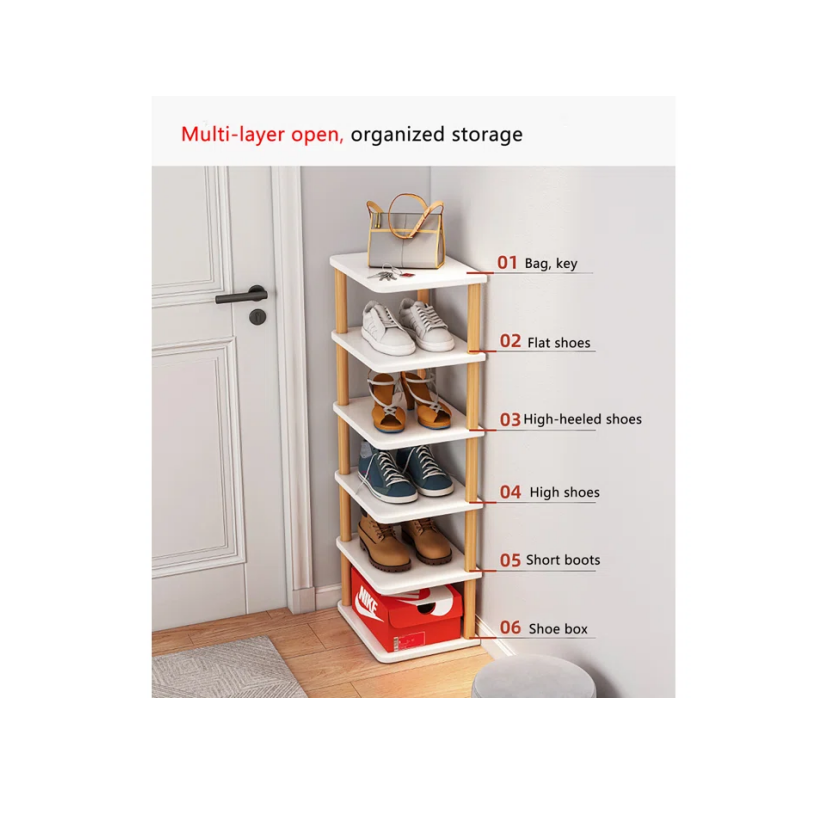 White Wooden space saving Corner 6 storey multi-purpose Shoe rack