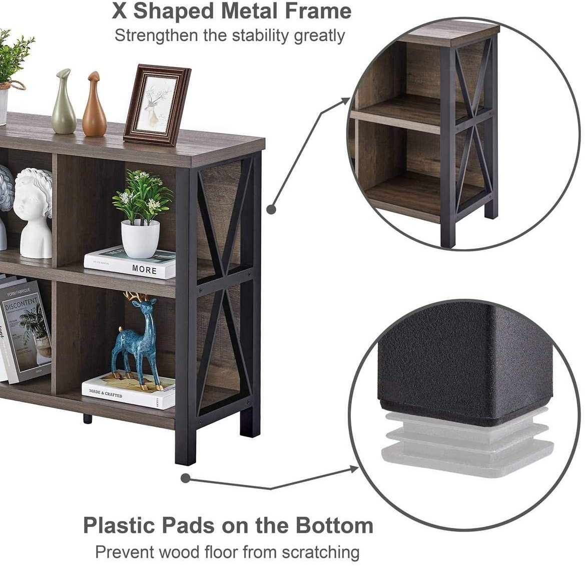 6 Cube Storage Organizer with Shelf, Wood and Metal Cubby Bookcase, Industrial Horizontal Bookshelf