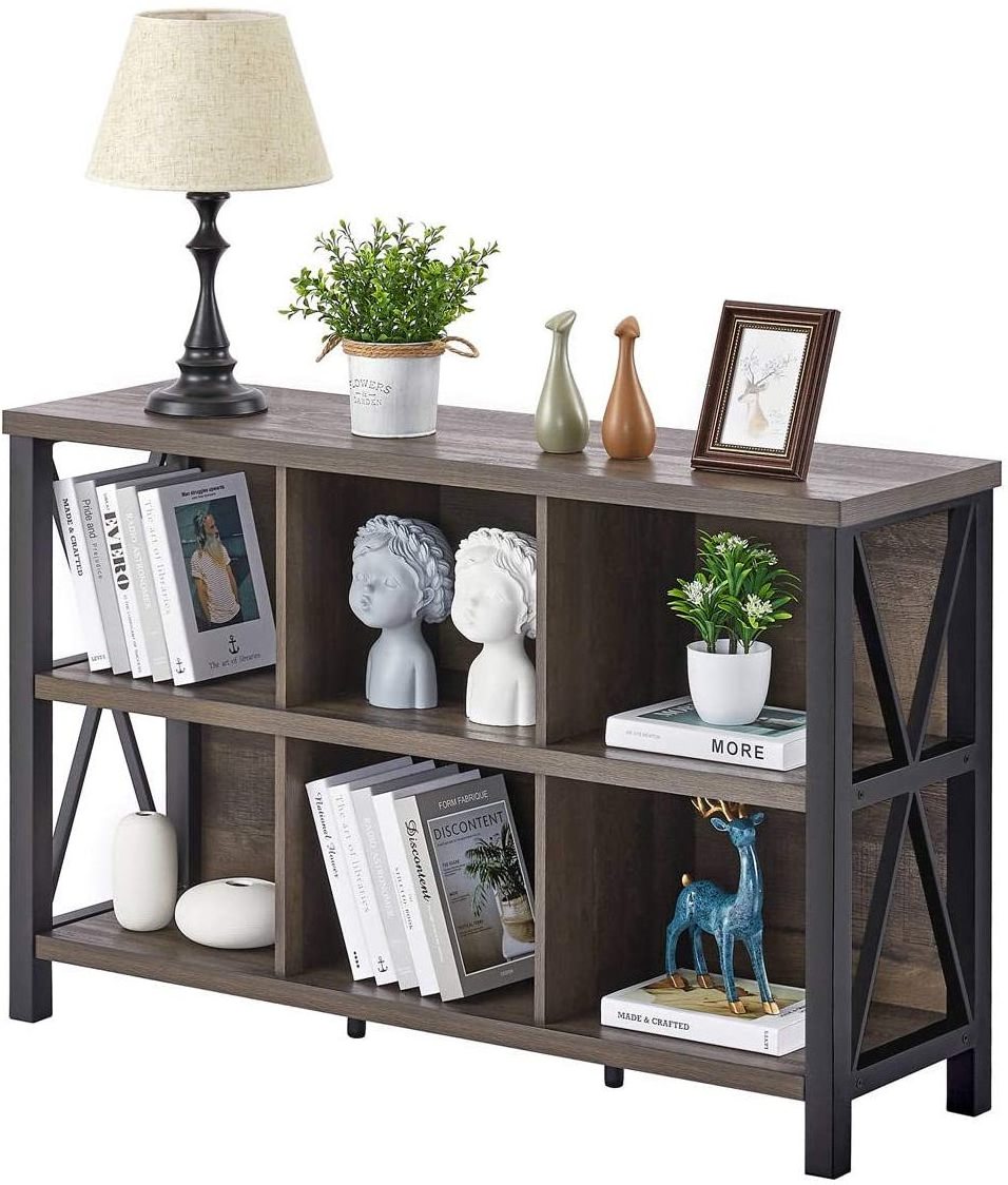 6 Cube Storage Organizer with Shelf, Wood and Metal Cubby Bookcase, Industrial Horizontal Bookshelf