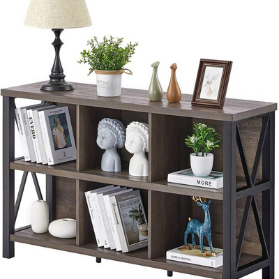 6 Cube Storage Organizer with Shelf, Wood and Metal Cubby Bookcase, Industrial Horizontal Bookshelf