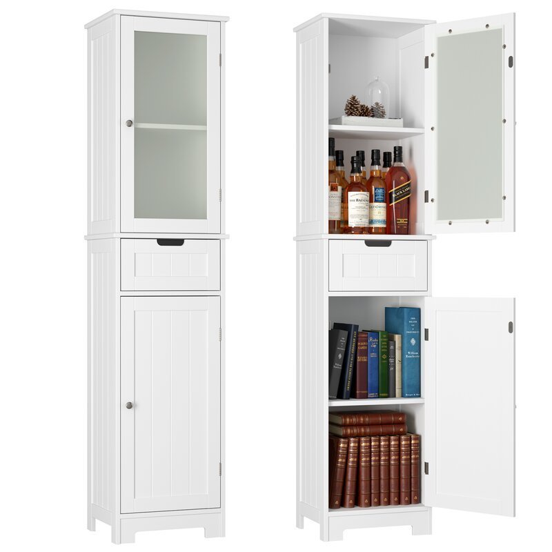 White Free-Standing Bathroom Cabinet with adjustable shelves 1 drawer 2 PVC glass door waterproof white black gray storage