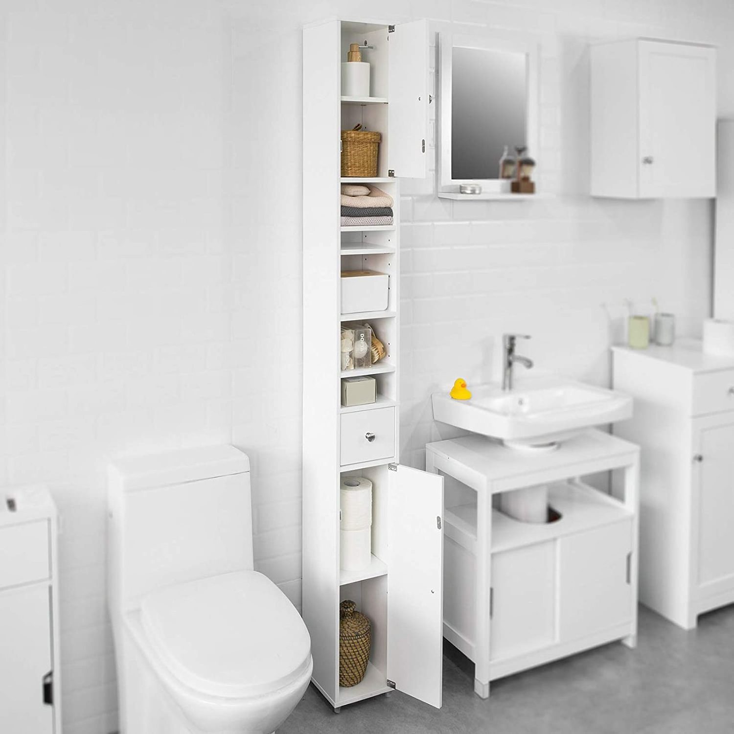 new design Vanity Cabinet Narrow Bath Sink Organizer Towel Storage bathroom tall cabinet with Doors and Shelves