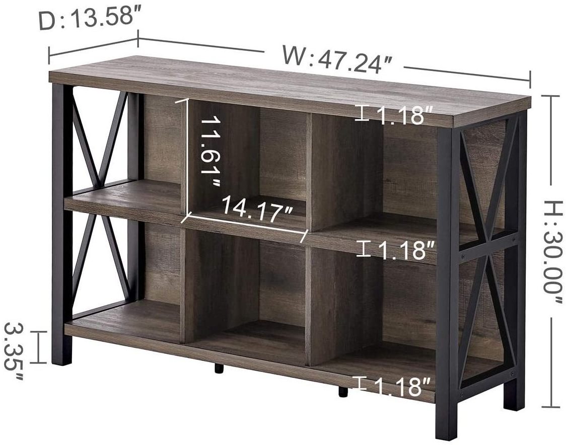 6 Cube Storage Organizer with Shelf, Wood and Metal Cubby Bookcase, Industrial Horizontal Bookshelf