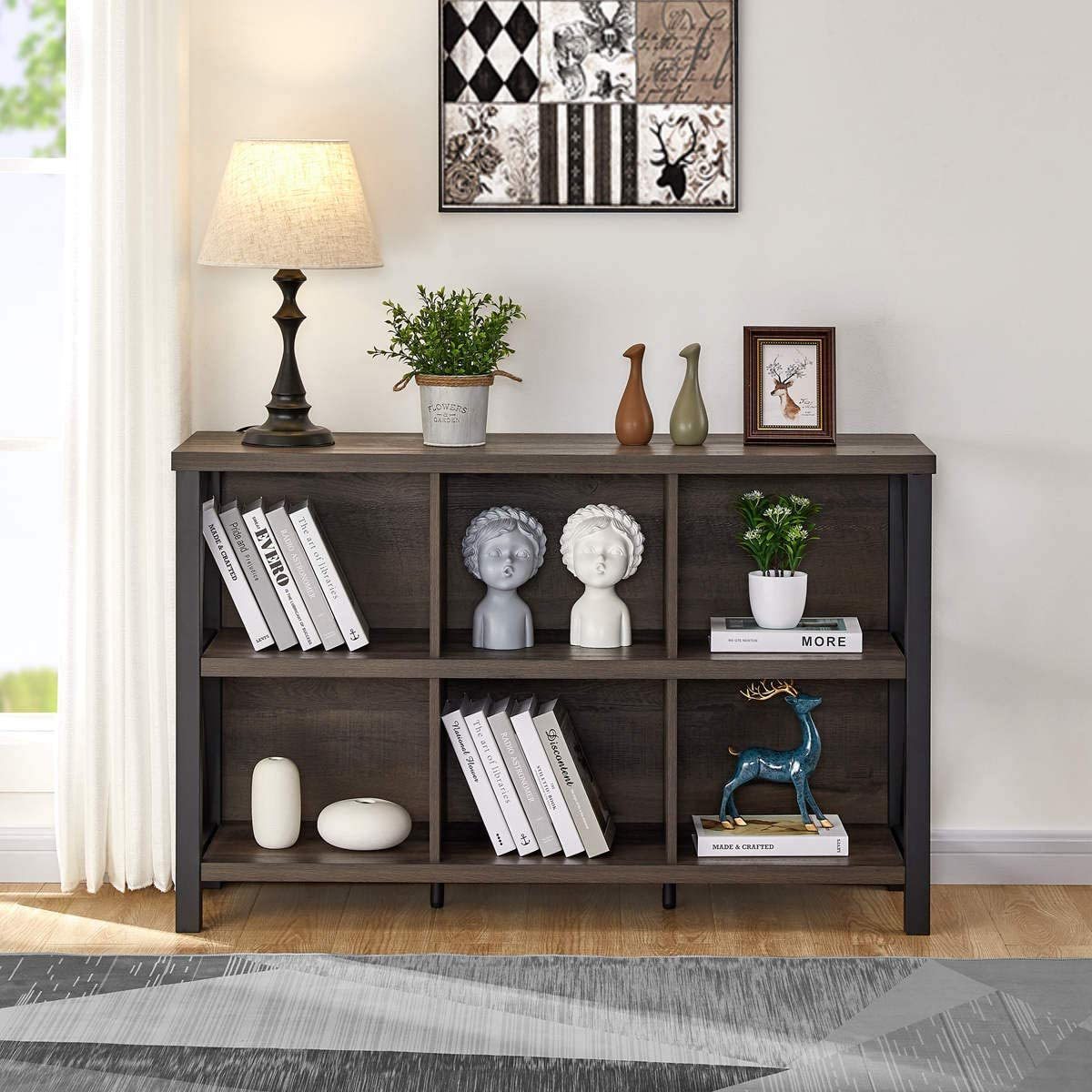 6 Cube Storage Organizer with Shelf, Wood and Metal Cubby Bookcase, Industrial Horizontal Bookshelf