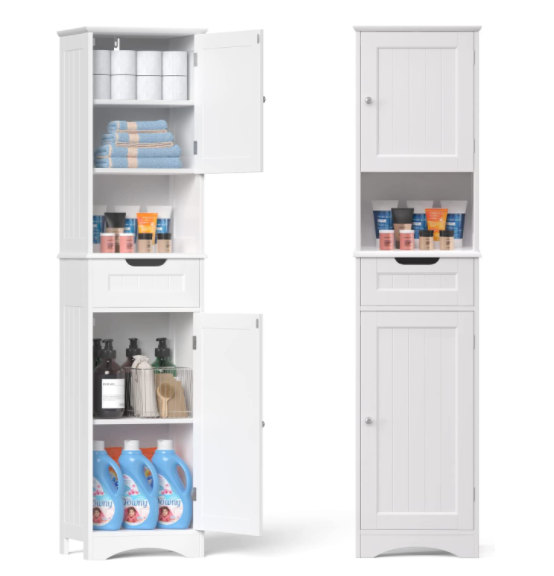 Modern Tall Slim Freestanding Linen Tower Adjustable Shelves Bathroom Cabinet With Doors