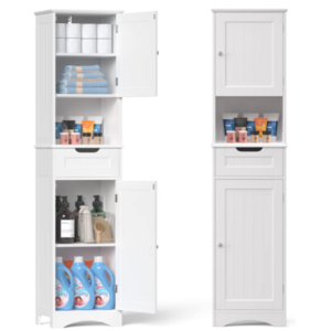 Modern Tall Slim Freestanding Linen Tower Adjustable Shelves Bathroom Cabinet With Doors