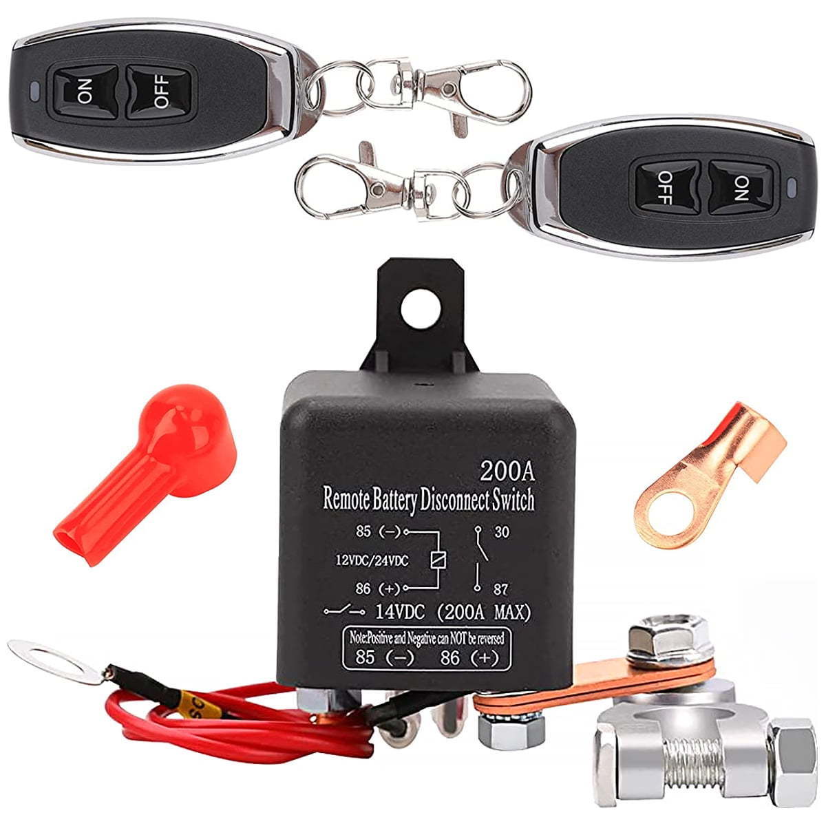 Glosok Remote Battery Disconnect Switch 12V 200A Anti-Theft Kill Switch with Two Wireless Remote Control Relay Fobs