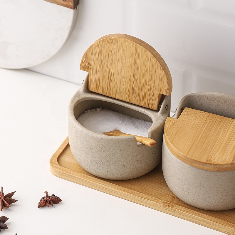 unique empty wholesale japanese style  in china kitchen ceramic spice jar with bamboo lid wooden tray ceramic spice jar set