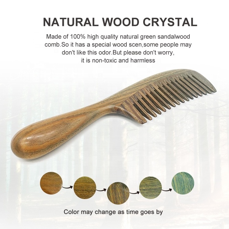 Gloway Oem 100% Natural Anti-Static Wide Tooth Detangler Wooden Comb Handmade Green Sandalwood Hair Comb For Curly Hairs