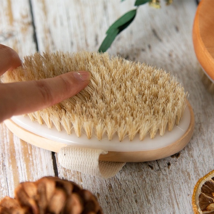 Gloway Promotional Premium Natural Boar Bristles Wood Shower Scrubber Oval Dry Skin Body Brush Bath Brush for Anti Cellulite