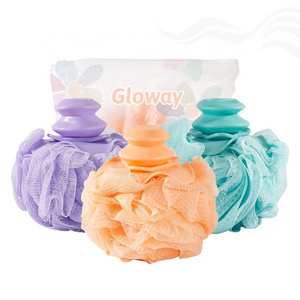 GLOWAY Promotional Body Massage Cleaning Ball Soap Dispenser Shower Pouf Mesh Bath Shower Loofah Sponge With Suction Cup