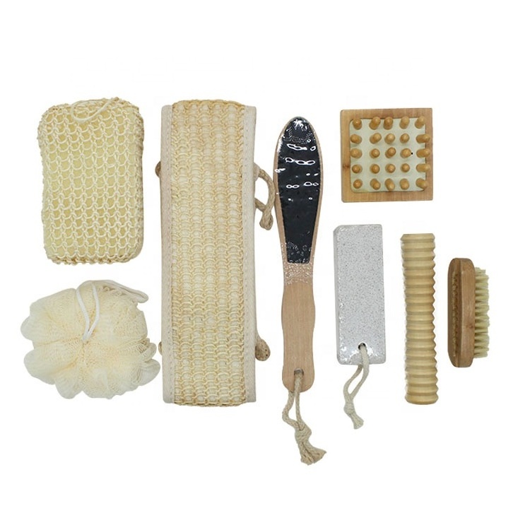 Body Scrub Care Bath Gift Set Spa with Sisal Belt Sponge Loofah Pouf Pumice Stone Nail Brush Cellulite Brush & Massager