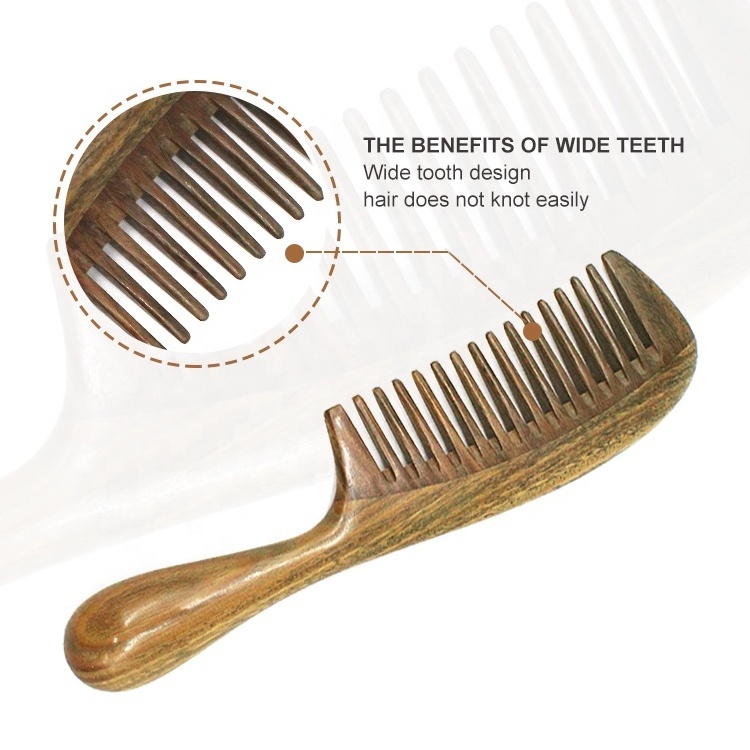 Gloway Oem 100% Natural Anti-Static Wide Tooth Detangler Wooden Comb Handmade Green Sandalwood Hair Comb For Curly Hairs