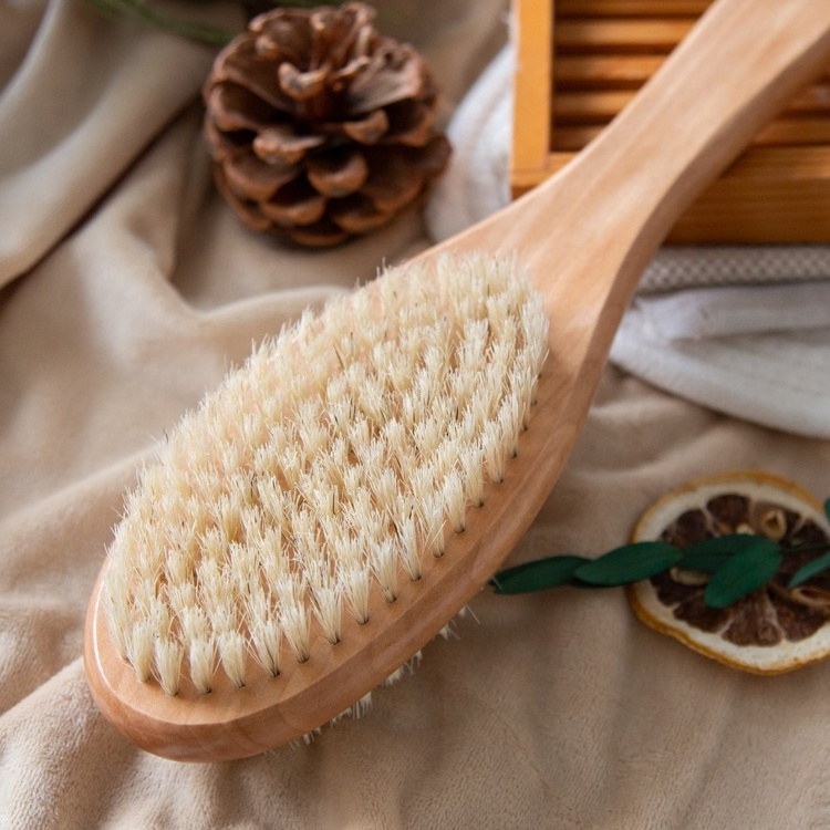 Dual Side Wooden Skin Scrub Exfoliating Scrubber Bath Brush Long Handle Back Shower Body Brush with with Soft and Stiff Bristles