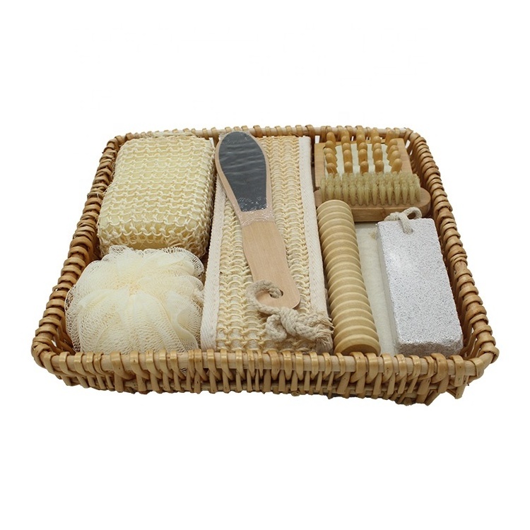 Body Scrub Care Bath Gift Set Spa with Sisal Belt Sponge Loofah Pouf Pumice Stone Nail Brush Cellulite Brush & Massager