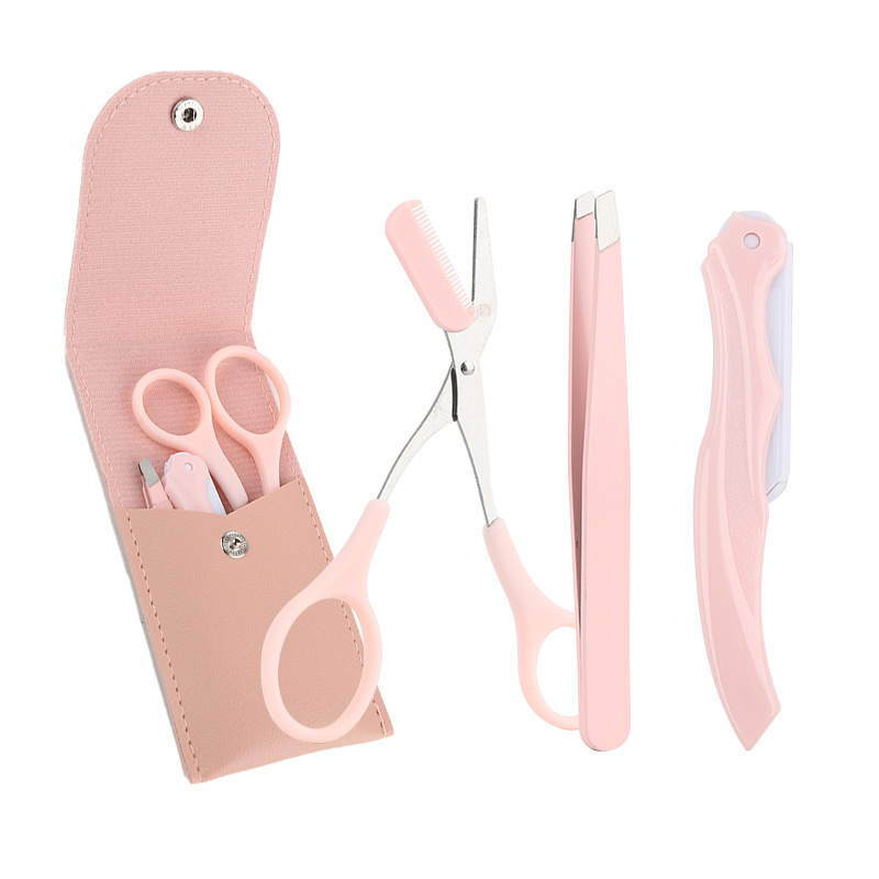 3Pcs Eye Brow Scissor Eyebrow Removal Tweezer Trimmer Razor Facial Hair Shaper Eyebrow Trimming Tool Kit With PU Bag